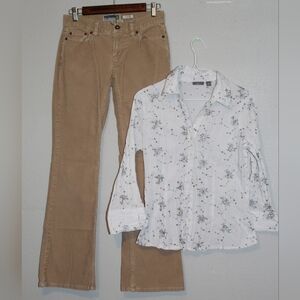 Floral Button-Up Shirt and Tan Corduroy Pants